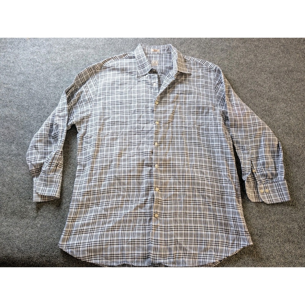 Peter Millar Mens Shirt XL Extra Large Blue Houndstooth Plaid Long Sleeve Twill